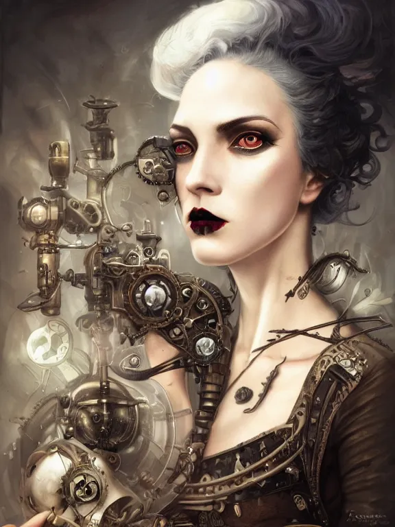 Prompt: a steampunk portrait of a hideous woman with shadowy eyes and bonewhite hair, with black glossy lips, hyperrealistic, award-winning, in the style of Tom Bagshaw, Cedric Peyravernay, Peter Mohrbacher