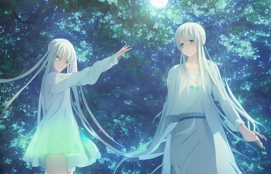 Prompt: Illyasviel holding floating green crystal | ghibli clover | Big Moon at Blue Night | Trees with white flowers | bioluminescent blue FLOWERS | strong blue rimlit | visual-key | anime illustration | highly detailed High resolution | Light Novel | Visual Novel | Gosick