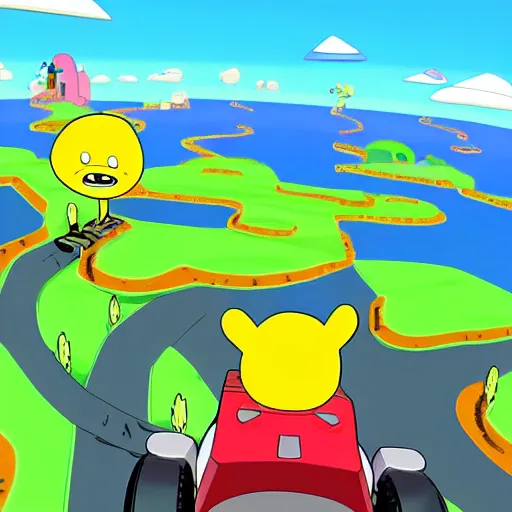 Prompt: adventure time Finn & Jake riding Mario karts level, cartoon video game graphics