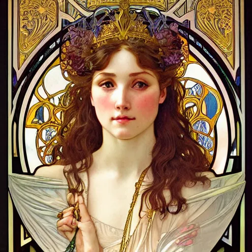 Prompt: realistic detailed face portrait of a beautiful young Queen of Dawn by Alphonse Mucha, Greg Hildebrandt, and Mark Brooks, gilded details, spirals, Neo-Gothic, gothic, Art Nouveau, ornate medieval religious icon