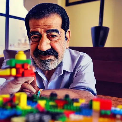 Image similar to saddam hussain playing with lego, realistic, award winning, photography,