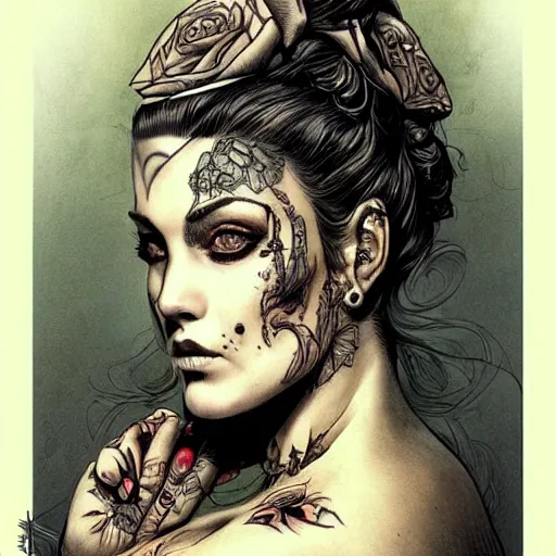 Prompt: a beautiful portrait of a heavily tattooed victorian woman Travis Charest style