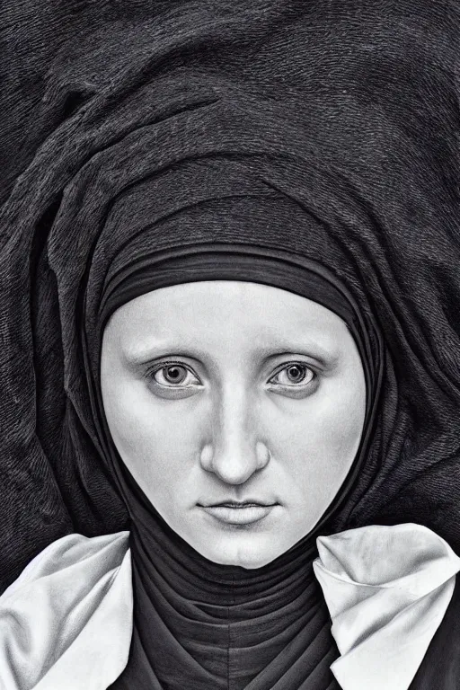 Prompt: hyperrealism extreme close-up portrait of black flowers covering young beautiful nun face, wearing hyper detailed black clothes, in style of classicism