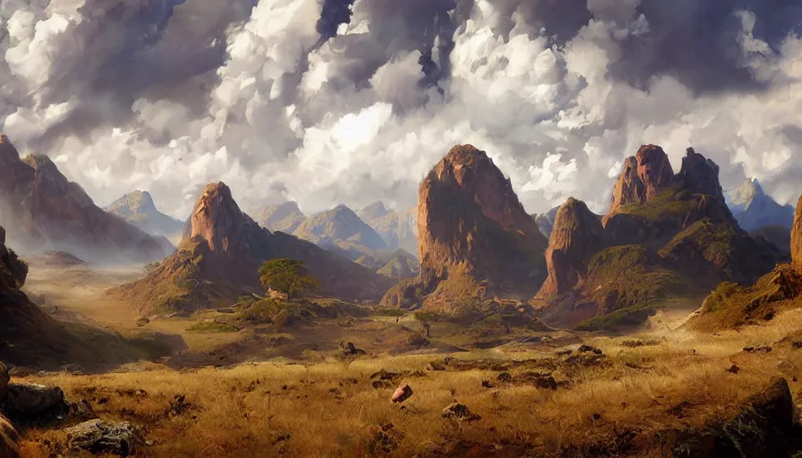 Image similar to excellent painted daemon in a wide epic beautiful landscape somewhere in south america with fluffy clouds, painted by Hans Fredrik Gude, Greg Rutkowksi, Craig Mullins and Artgerm, masterpiece, 4k, ultra realistic highly detailed oil painting