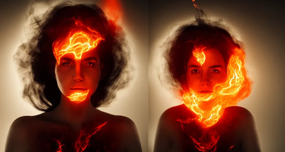 Image similar to portrait of a woman with horns made of flames in the wisps of thick smoke, looking into the camera, studio photography, studio lighting, realistic render, octane render, 4 k, 8 k, face in focus