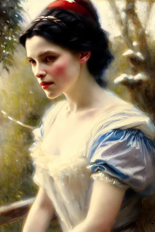 Prompt: photograph imax and solomon joseph solomon and richard schmid and jeremy lipking victorian loose genre loose painting full length portrait painting of snow white disney