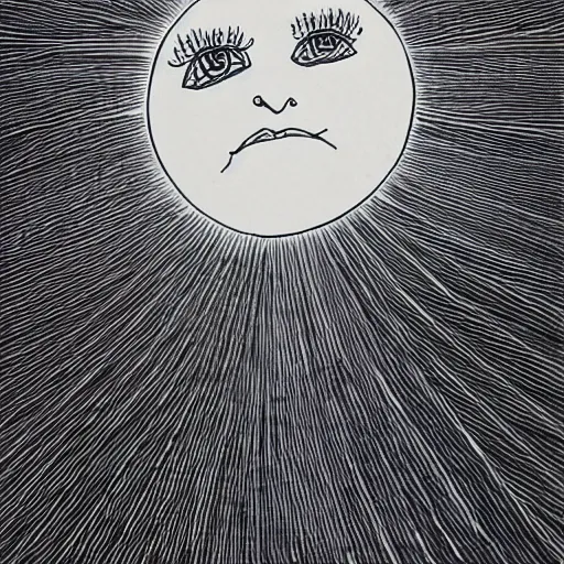 Image similar to single line drawing the sun's Corona emitting solar flares, blue ink pen