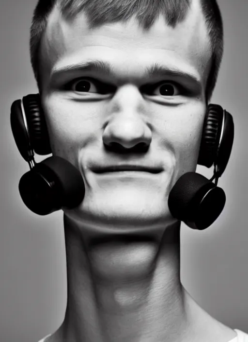 Image similar to beautiful smiling face, perfect symmetric face, coherent eyes, medium shot. vitalik buterin in headphones. vitalik buterin, medium shot, high detail, very sharp, 4 k, by john hornbeck