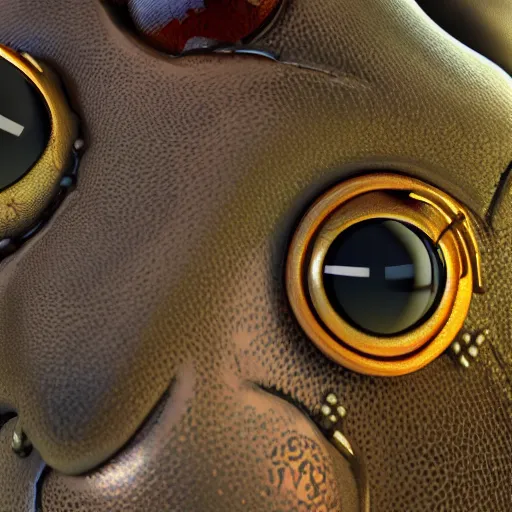 Prompt: close up of a dragonfly wearing steampunk goggles, photorealistic 3D render