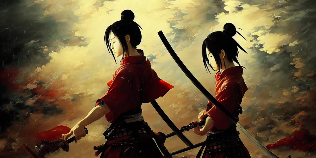 Image similar to baroque oil painting of key visual great samurai war, female samurai, rain, storm, final fantasy, fake detail, trending pixiv fanbox, acrylic palette knife, style of makoto shinkai takashi takeuchi yoshiyuki sadamoto greg rutkowski chiho aoshima