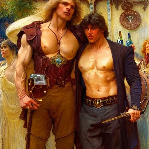 Image similar to attractive muscular arthur pendragon and muscular attractive merlin go to a pub together to have some drinks. highly detailed painting by gaston bussiere, craig mullins, j. c. leyendecker, alphonse mucha 8 k