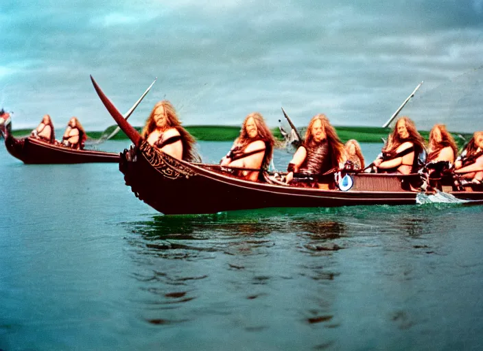 Image similar to photo of beautiful angry viking women in speed boats invading scottland, hyperrealism, fujifilm velvia 5 0