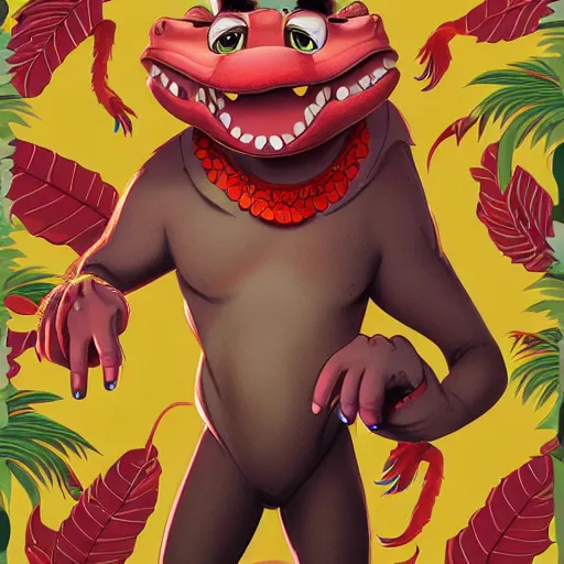 Image similar to in the style of artgerm, loish, anthropomorphic alligator, red scales on his back, yellow scale on his belly and chest, male, waring a hawaiian shirt, in the style of zootopia