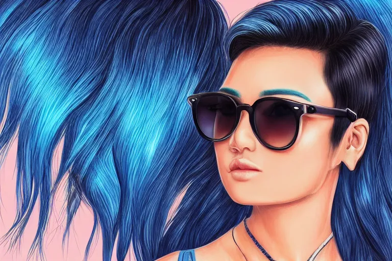 Prompt: 8k UHD, high detailed, Digital drawing, Randy Bishop art style : (subject = girl wearing Ray bans shades, photo realistic, high symmetry + subject detail= beautiful, Asian, blue hair, high detailed, symmetric facial features)