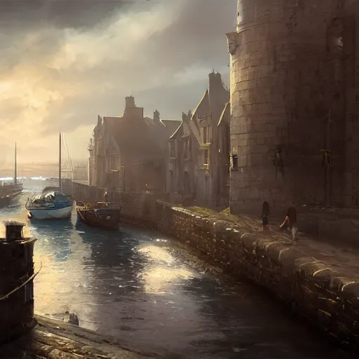 Image similar to irish medieval port of carrickfergus, 4 k, concept art, by wlop, ilya kuvshinov, artgerm, krenz cushart, greg rutkowski, pixiv. cinematic dramatic atmosphere, sharp focus, volumetric lighting, cinematic lighting, studio quality