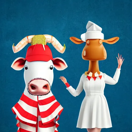 Prompt: a well dressed milkshake wearing a dress next to a brilliant shrimp wearing an academic cap inside the mouth of a cow, digital art, photorealistic