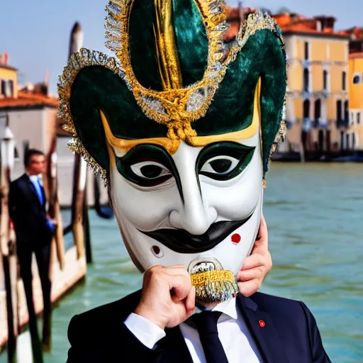 Image similar to Emmanuel Macron in Venice wearing a carnival mask , 150mm photography, high quality, 4K