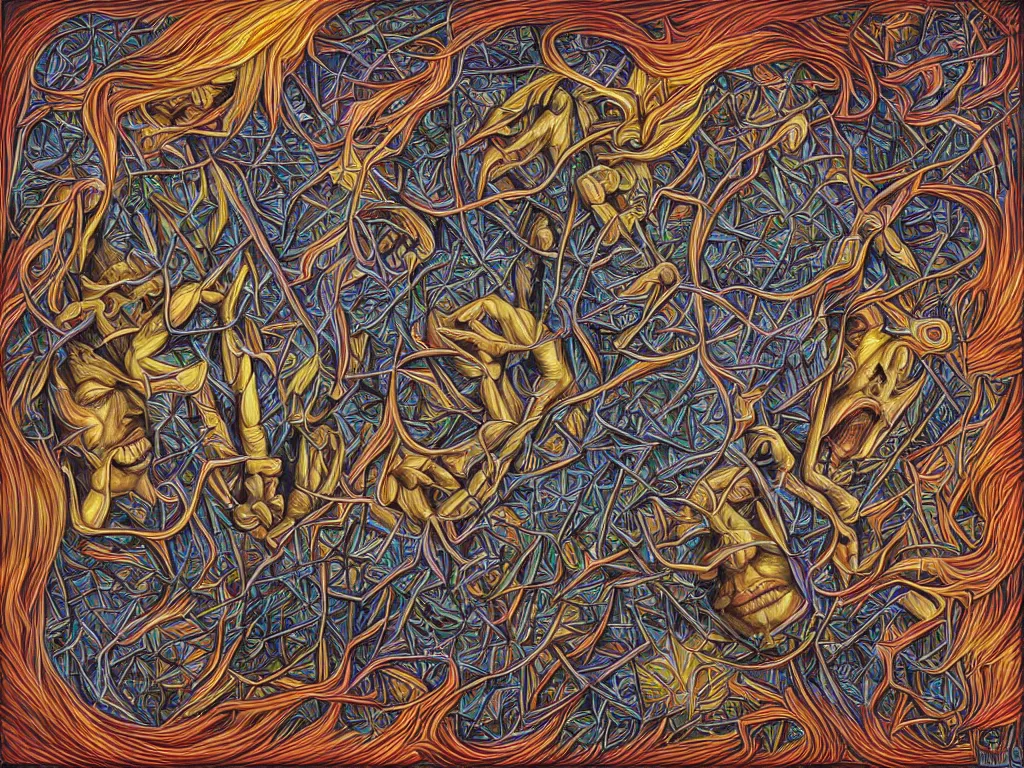 Image similar to expression of mind-matter interaction through death by Alex Grey and M. C. Escher collaboration, digital painting, Groundcore