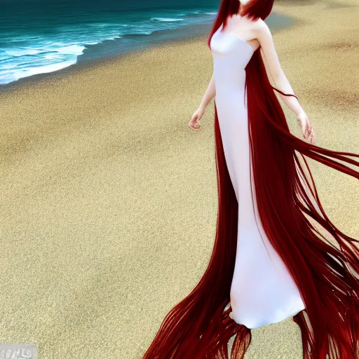 Image similar to octane render panoramic shot of a beautiful anime girl in a long white dress on a beach. Red hair, dramatic lighting, trending on artstation,manga cover