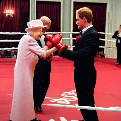 Prompt: the queen of england winning a boxing match