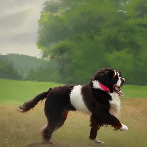 Image similar to girl riding giant Bernese Mountain Dog in the park, trending on artstation