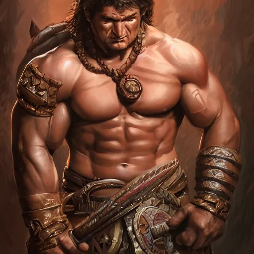 Image similar to portrait of a barbarian Nathan Fillion, muscular, wild, upper body, D&D, fantasy, intricate, cinematic lighting, highly detailed, digital painting, artstation, concept art, smooth, sharp focus, illustration, art by Hajime Sorayama