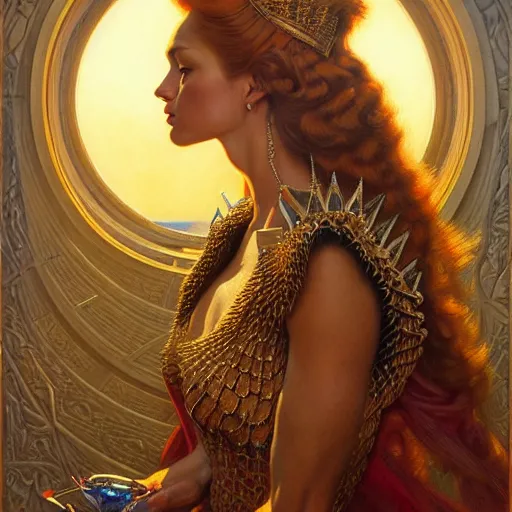 Image similar to highly detailed portrait of a majestic lioness queen in the form of a beautiful woman. d & d. art by donato giancola, jon whitcomb, ruan jia, alberto vargas. trending on artstation, intricate details, energetic composition, golden ratio, concept art, illustration, elegant art, global illuminaition
