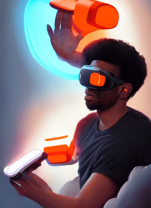 Image similar to handsome black genius hacking the metaverse, vr headset, white t - shirt and jordans floating, three dimensional holographs and translucent orange glow, highly detailed, digital painting, artstation, concept art, smooth, sharp focus, illustration, art by wlop, uang guangjian and gil elvgren and sachin teng and greg rutkowski