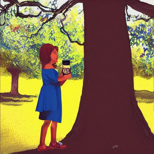 Image similar to “ girl drinking a beer under a tree, by evan cohen ”