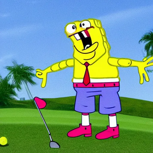 Image similar to spongebob playing golf, cartoon