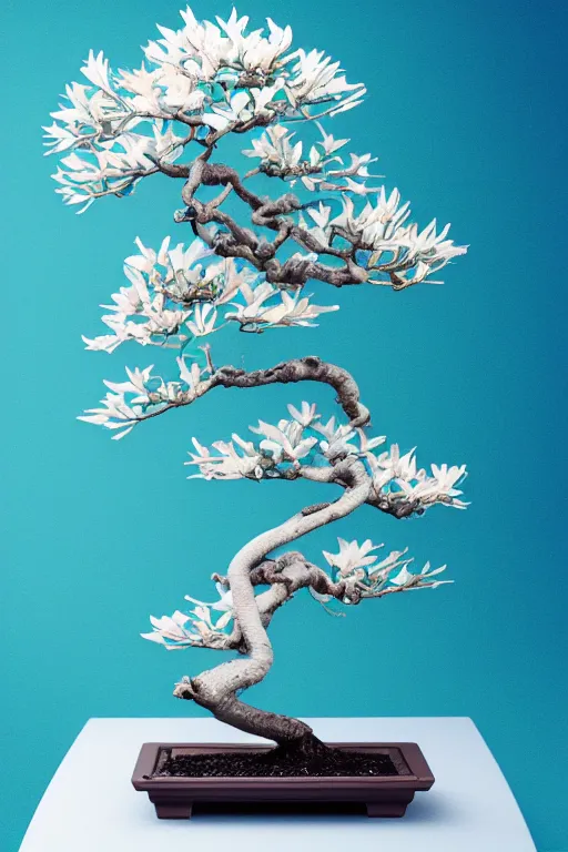 Prompt: a single flower, white and aqua blue bonsai lily, cool color palette, etheral, intricate details, elegance, sophisticated, cool color palette, golden ratio, infini - d - render