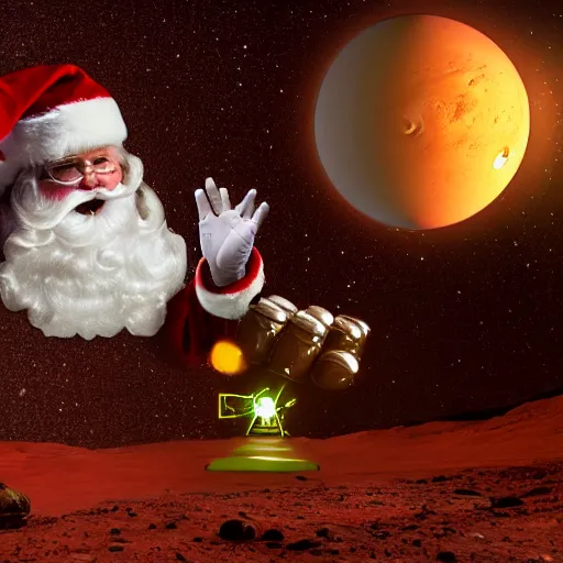 Prompt: Santa Claus fighting against a group of aliens on the surface of mars, dslr photo