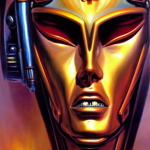 Prompt: a beautiful painting cyberpunk robot king of egypt face, by boris vallejo realistic oil painting