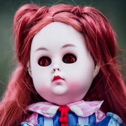 Prompt: closeup of a doll frowning at the camera, red pigtails and rosy cheeks, low depth of field, award winning photograph