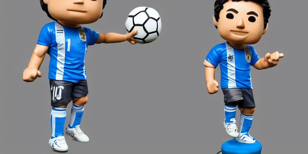 Image similar to funko pop of young thing maradona with big head, argentina t - shirt, smile, no beard, stand with a ball under his left foot, max resolution, high contrast, cinematic, light cinematic, volumetric, realistic, cinematic lighting, octane render, hyper realistic