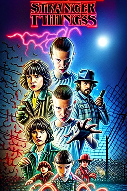 Image similar to Stranger Things Season 5 alternate poster, high resolution, hyper detailed, intricate, photorealistic, all cast members, netfilx !n-9