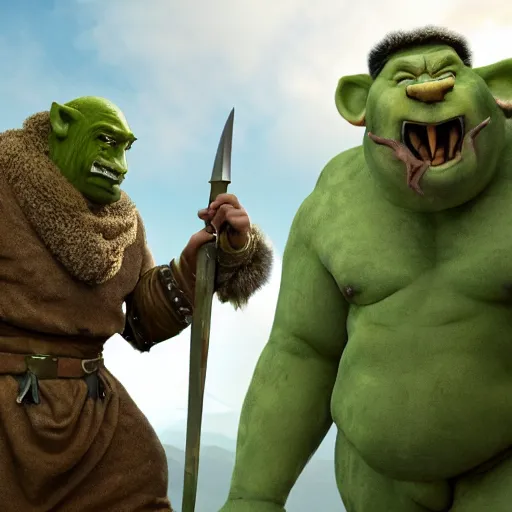 Image similar to still from a movie with cutting edge practical effects, giant humanoid troll with light green skin and big nose, burly, wearing long fur toga and holding sword, highly textured, fantasy, D&D, HDR, dramatic light, in alpine setting with mastadons in the background, wide angle shot, shallow depth of field, dynamic pose, award winning photograph!