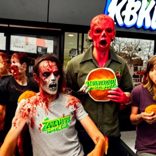 Prompt: Zombies waiting at a Burger King to eat lunch,