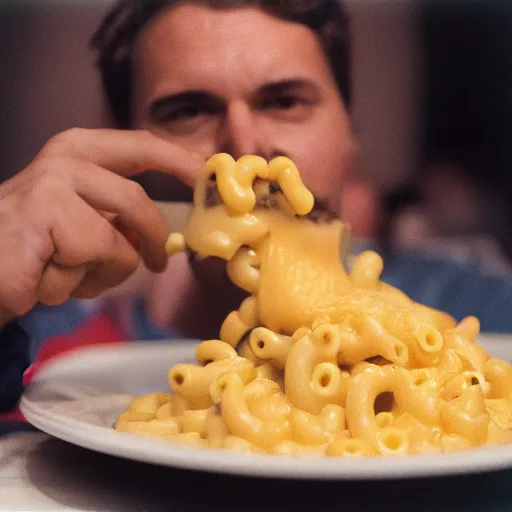 Image similar to a man drowning in a giant pool of mac n' cheese. photograph. medium format.