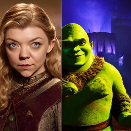 Image similar to Natalie Dormer as Shrek, studio lighting, set in fiery Mount Mordor