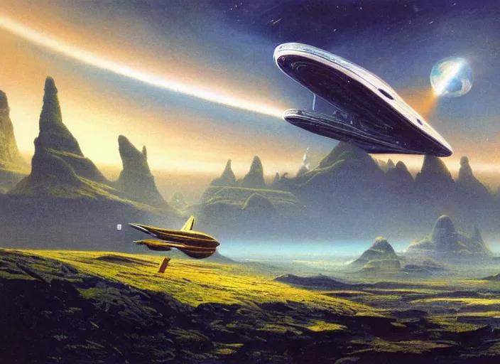 Image similar to a spaceship in a stunning landscape by bruce pennington