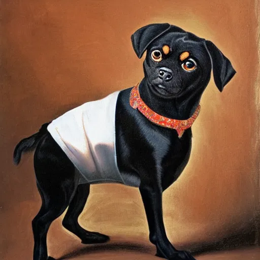 Prompt: portrait of black pugalier dog wearing an elvis costume, renaissance style painting