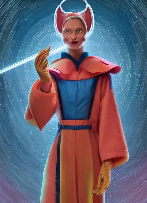 Prompt: an anthropomorphic beautiful female scientist portrait holding a futuristic wand wearing colourful robe, fine art, award winning, intricate, elegant, sharp focus, octane render, hyperrealistic, wizard hat cinematic lighting, highly detailed, digital painting, 8 k concept art, art by jamie hewlett and z. w. gu, masterpiece, trending on artstation, 8 k