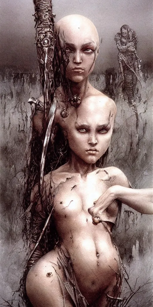 Image similar to bald barbarian girl by Beksinski and Luis Royo