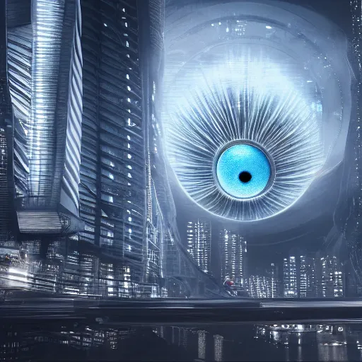 Prompt: a futuristic cityscape, giant eye looking over it, horror, dark light, 8 k, detailed, hyperrealistic