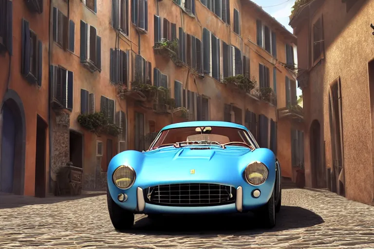 Image similar to a wholesome animation key shot of!! one!! focused!! ferrari 2 5 0 gt!! in beautiful cinque terre italy street, medium shot, studio ghibli, ( pixar ) and disney animation, sharp, very detailed, high resolution, rendered in unreal engine 5, anime key art by greg rutkowski, bloom, dramatic lighting