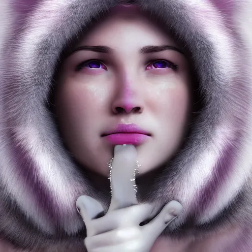 Image similar to white mink with big circle of pink bacteria circle around the neck matte art unreal engine hd 8k starring at camera symmetrical mink face bacteria matte portrait photo cute plasmid