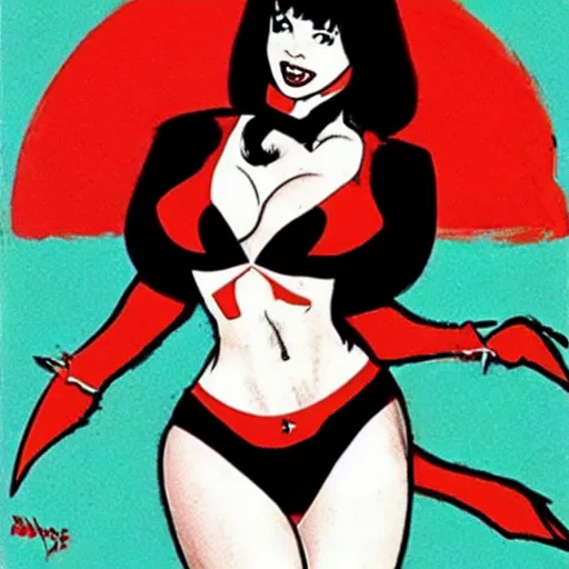 Prompt: bettie page in a vampirella micro bikini in the style of guido crepax