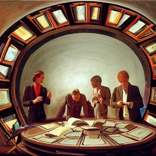 Prompt: A beautiful assemblage of a group of people standing around a circular table. In the center of the table is a large, open book. The people in the assemblage are looking at the book with interest and appear to be discussing its contents. by Michal Lisowski, by Robert Irwin defined, shadowy