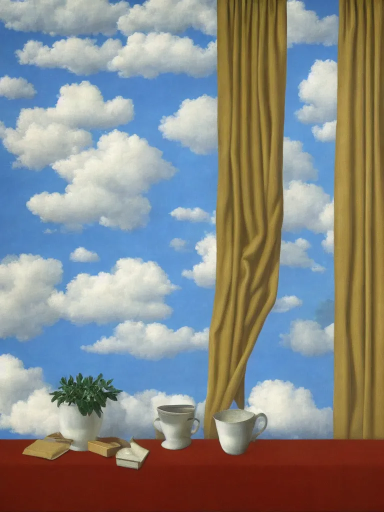 Image similar to curtains and clouds by rene magritte, detailed painting, hd, hq, high resolution, high detail, 4 k, 8 k